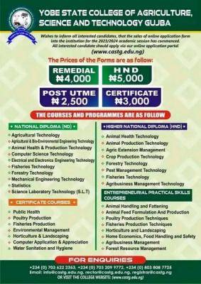Yobe State College of Agriculture admission, 2023/2024