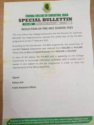 FCE Zaria notice on reduction of Pre-NCE school fees