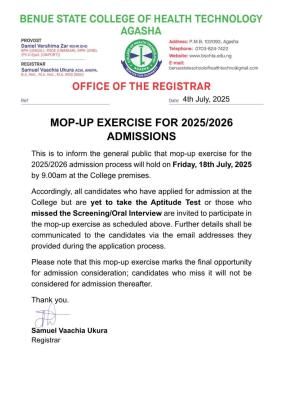 Benue State College of Health Tech, Agasha admission mop-up exercise, 2025/2026