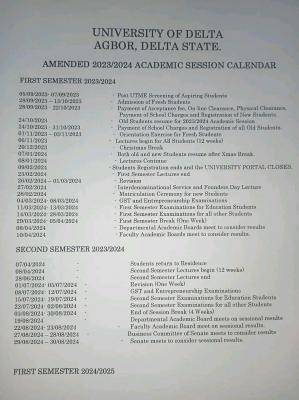 UNIDEL releases amended academic calendar for 2023/2024 session