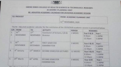 Shehu Idris College of Health Science & Tech re-adjusted academic calendar for 2019/2020 session