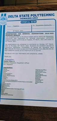 Delta Poly Ogwashiuku notice on remedial exam registration, 2019/2020