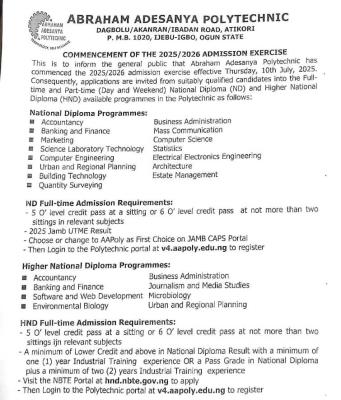 Abraham Adesanya Poly Post UTME 2025: Eligibility and Registration Details
