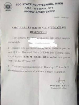 Edo State Poly directs students to resume immediately