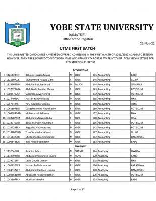 YSU UTME 1st Batch Admission List, 2021/2022