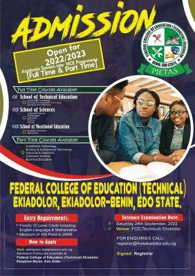 FCE (Tech) Ekiadolor Releases 2022/2023 NCE Admission Form