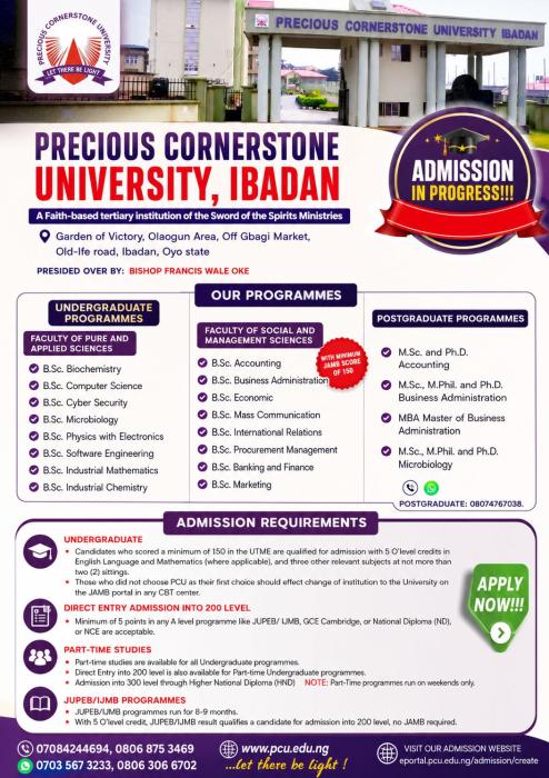 Precious Cornerstone University Post-UTME/DE 2026: Cut-off mark, Eligibility and Registration Details