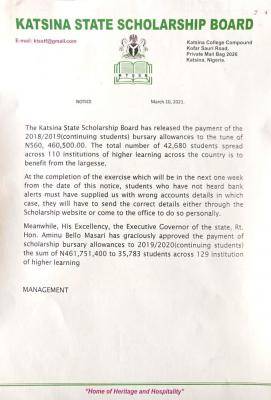 Katsina State scholarship Board notice on bursary payments