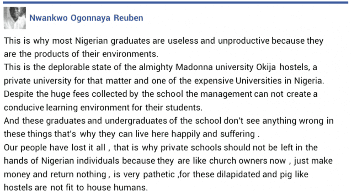 Facebook User Cries Out Over The Shabby State of Madonna University (Graphic Photo)
