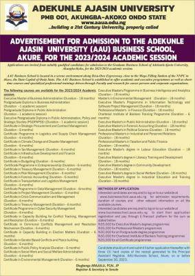 AAUA admission into Business School, 2023/2024 session
