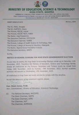 Kogi State Ministry of Education notice on closure of school closure for Kogi State Governorship Election