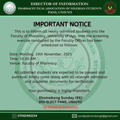 UNIUYO Faculty of Pharmacy, sets date for Screening of newly admitted students