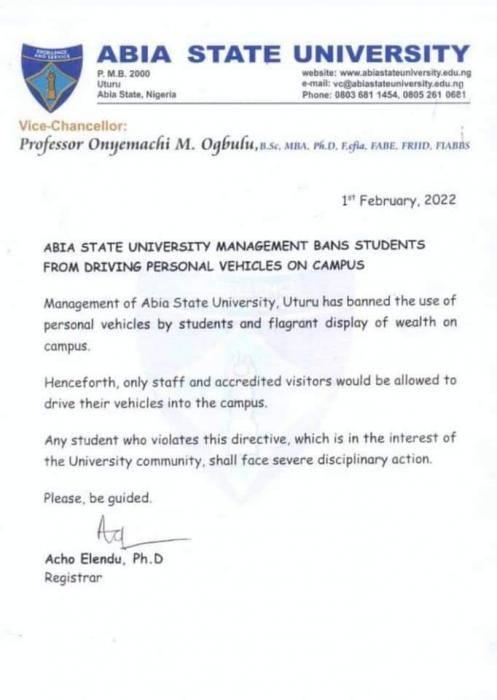 Abia state university bars students from driving cars to school