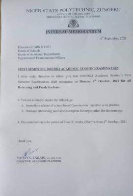 Niger Polytechnic notice on commencement of first semester examination, 2020/2021