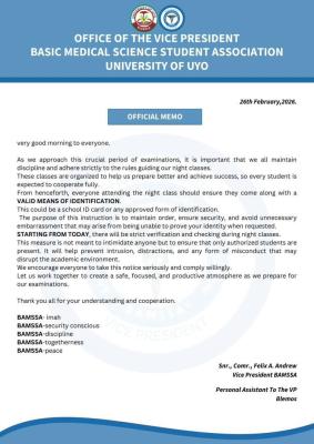 UNIUYO Faculty of Basic Medical Sciences notice on carrying of ID cards during night classes