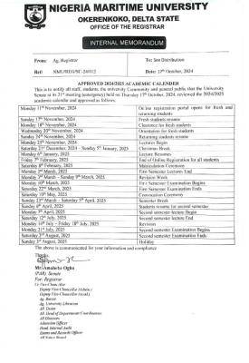 NMU releases approved academic calendar for 2024/2025 session