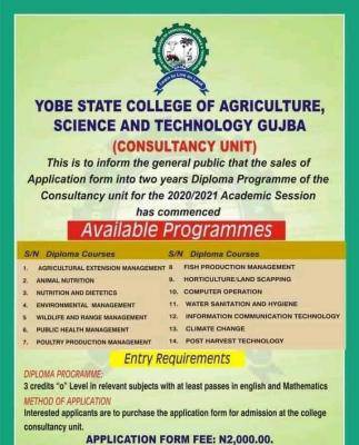 Yobe State College of Agriculture diploma programme application, 2020/2021