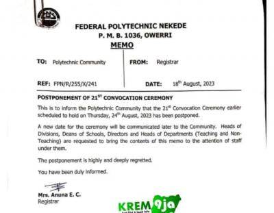 Fed Poly Nekede postpones 21st Convocation Ceremony