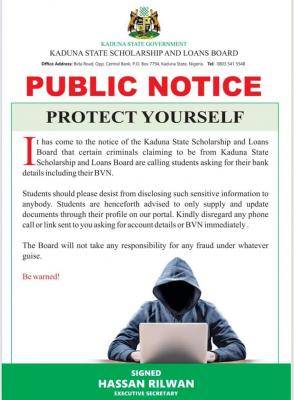 Kaduna State Scholarship Board scam alert notice