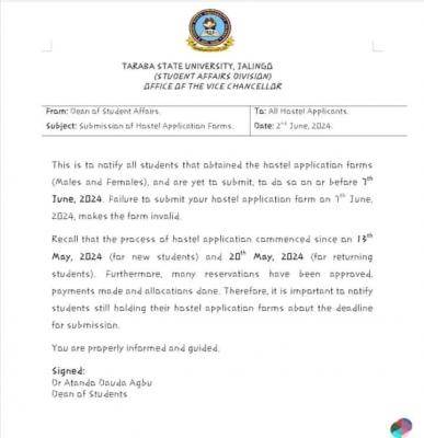 Taraba state University notice to hostel applicants