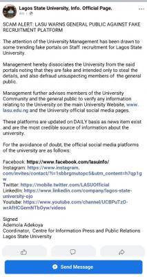 LASU warns the public against fake recruitment platform