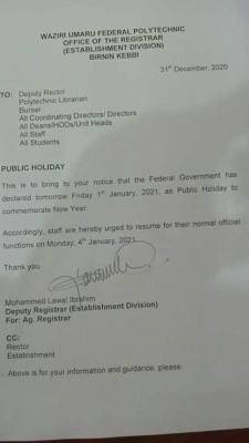 Waziri Umaru Federal Polytechnic resumption notice to staff