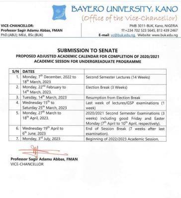 BUK adjusted academic calendar for completion of 2020/2021 session for undergraduate programmes