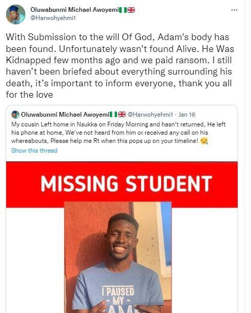 Missing UNN student found dead months after regaining freedom from kidnappers