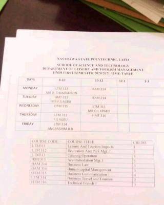 NASPOLY 1st semester lecture timetable for NDI and HNDI students, 2020/2021