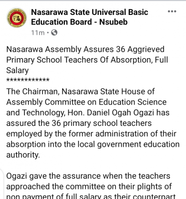 Nasarawa state assures aggrieved primary school teachers of absorption and full salaries