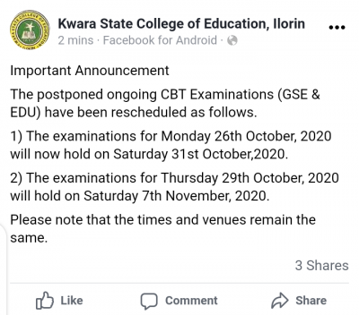 Kwara State College of Education, Ilorin notice on semester exam new schedule