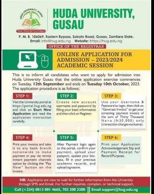 Huda University, Gusau releases admission form for 2023/2024 session