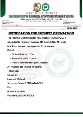 ATAPOLY SUG notice on freshers Orientation
