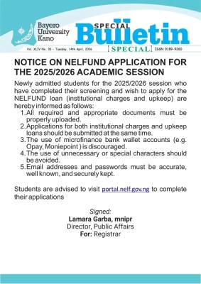 BUK notice on NELFUND application for 2025/2026 session