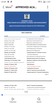UNIJOS revised academic calendar for 2019/2020 session