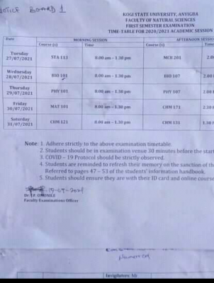 KSU first semester examination timetable, 2020/2021