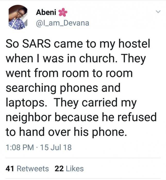 Female Student Cries Out After SARS Allegely Invaded Her Hostel