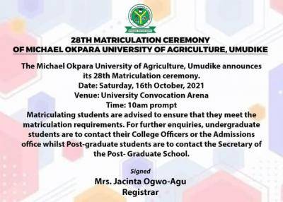 MOUAU announces 28th matriculation ceremony