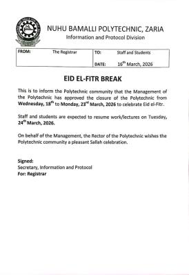 NUBAPOLY announces Eid el-Fitr celebration break