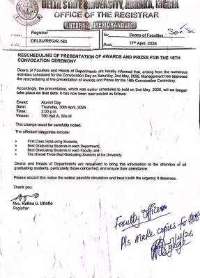 DELSU reschedules presentation of awards for the 18th convocation ceremony