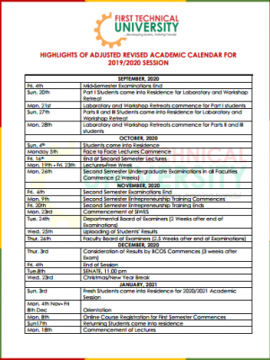First Technical University revised academic calendar for 2020/2021 session