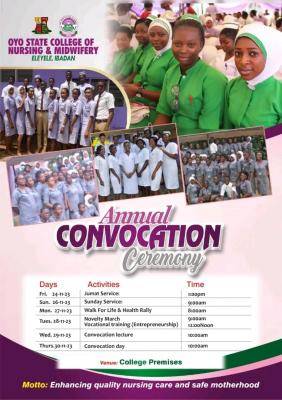 Oyo College of Nursing & Midwifery Eleyele announces annual convocation ceremony