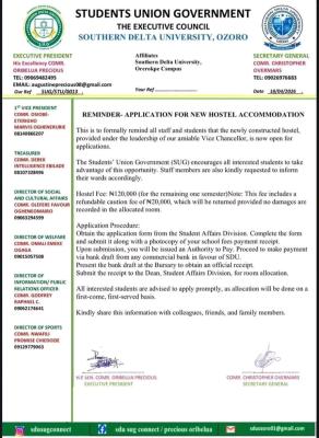 Southern Delta University SUG update on application for newly constructed Hostel Accommodation