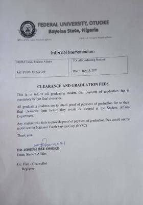 FUOTUOKE notice on clearance and graduation fee