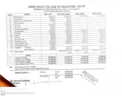 Aminu Saleh COE school fees for 2020/2021 session