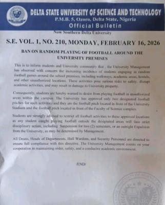Southern Delta University bans random playing of football within the campus