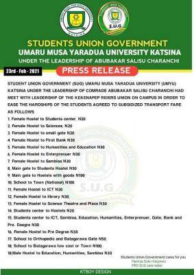 UMYU SUG notice on reduction of transport fares within the campus