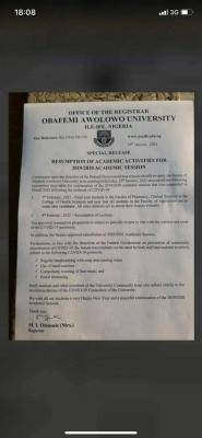 OAU resumption notice to final year students