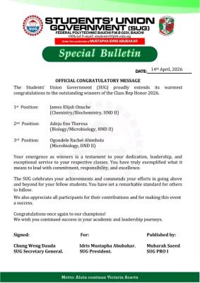 Fed Poly Bauchi announces winners of Class Rep Honour, 2026