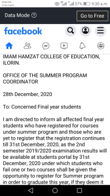 Imam Hamzat COE notice on postponement of summer provisional programme exam